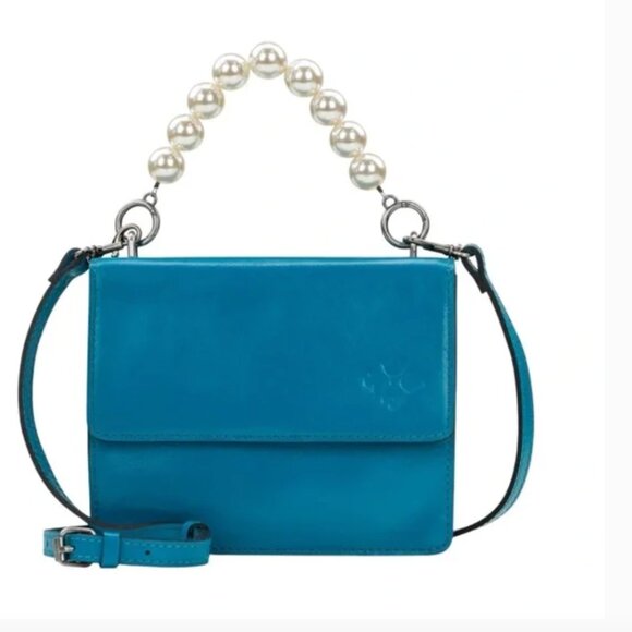 PATRICIA NASH Turquoise Leather Veolia Crossbody W Faux Pearl Handle Handbag - Picture 1 of 13